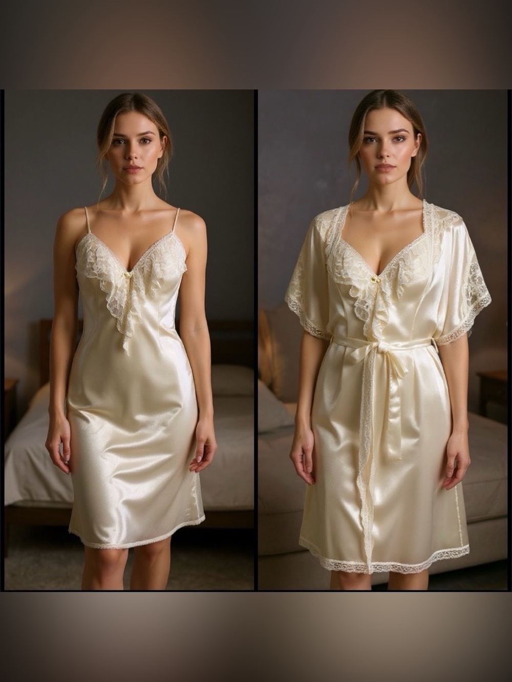 🔥VINTAGE LILY OF FRANCE 60s 70s 80s Lace Nightgown Robe Chemise Set Cream